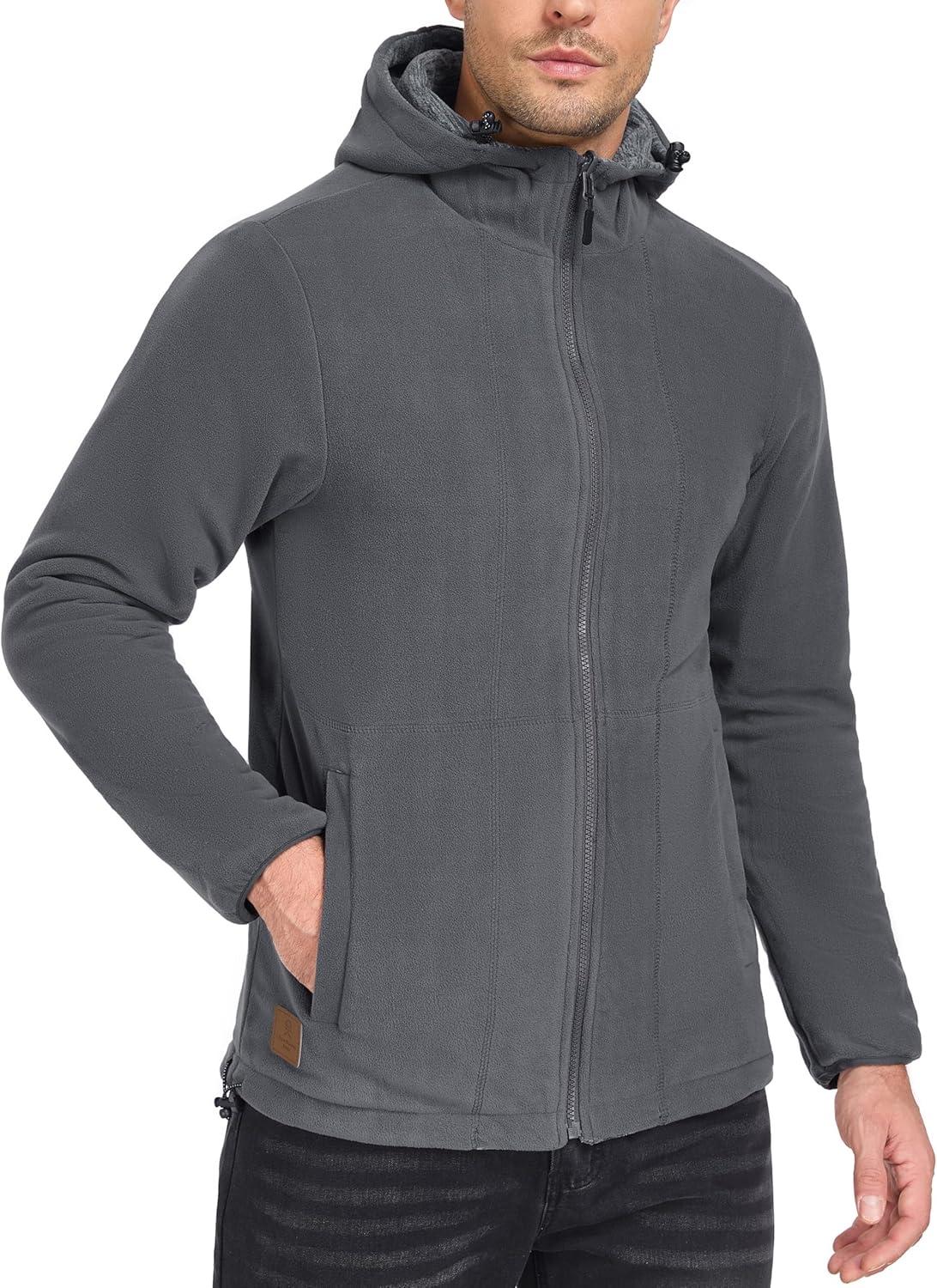 imageLittle Donkey Andy Mens Lightweight Reversible Polar Fleece Jacket Full Zip Hoodie with Pockets Thermal Outdoor CoatDark Grey HeatherGrey