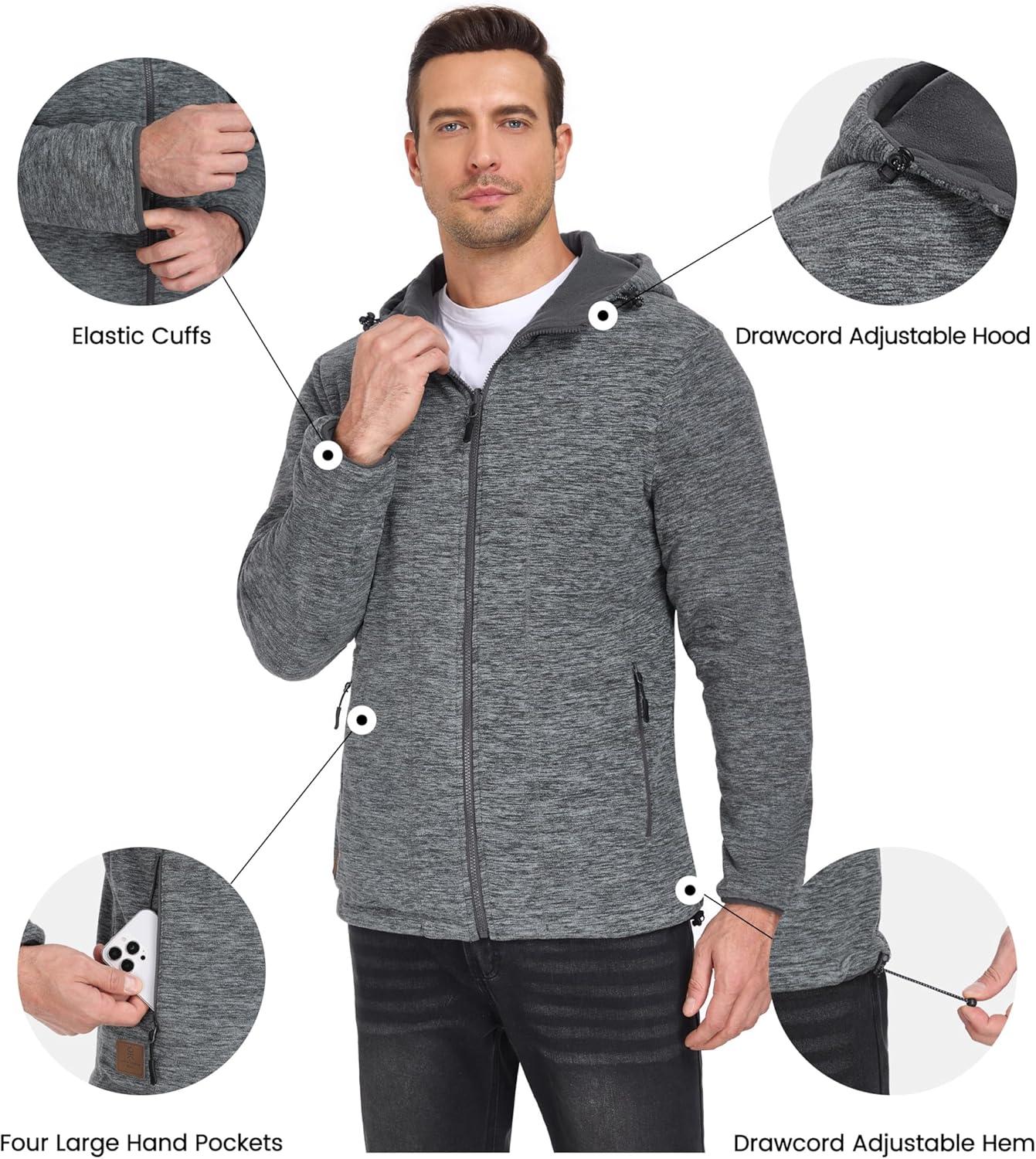 imageLittle Donkey Andy Mens Lightweight Reversible Polar Fleece Jacket Full Zip Hoodie with Pockets Thermal Outdoor CoatDark Grey HeatherGrey