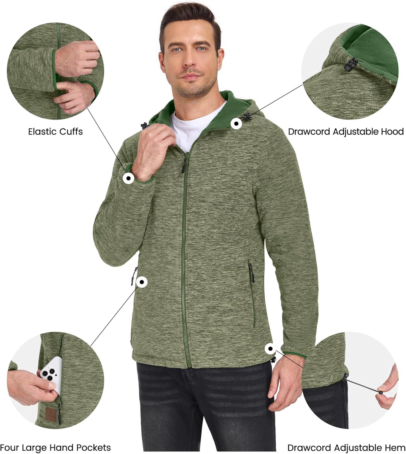 imageLittle Donkey Andy Mens Lightweight Reversible Polar Fleece Jacket Full Zip Hoodie with Pockets Thermal Outdoor CoatOlive HeatherOlive