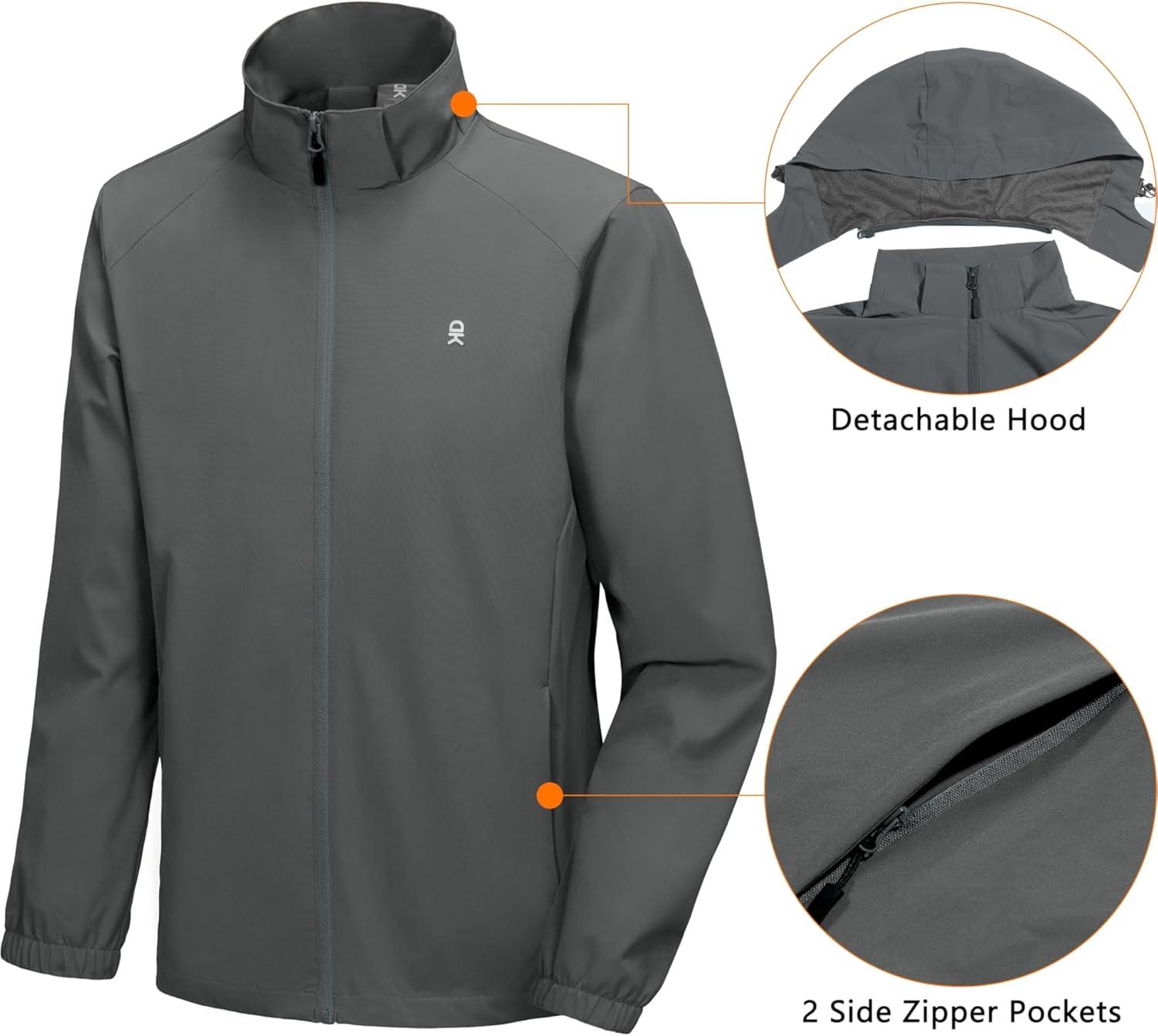 imageLittle Donkey Andy Mens Lightweight Windbreaker Jacket Removable Hooded Windproof Coat for Running Hiking GolfDark Gray