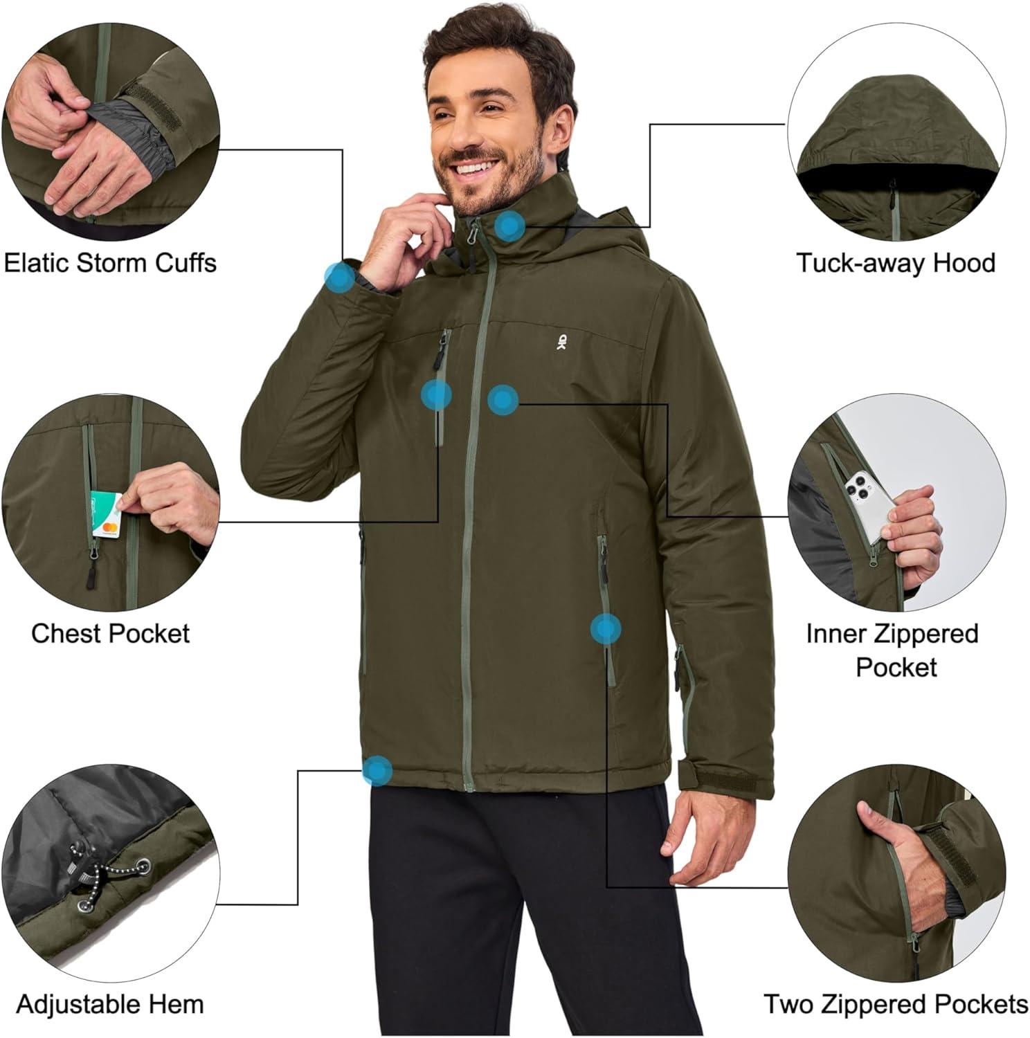 imageLittle Donkey Andy Mens Lightweight Winter Jacket Hooded Windproof Warm Insulated Jacket for Ski HikingOlive Green