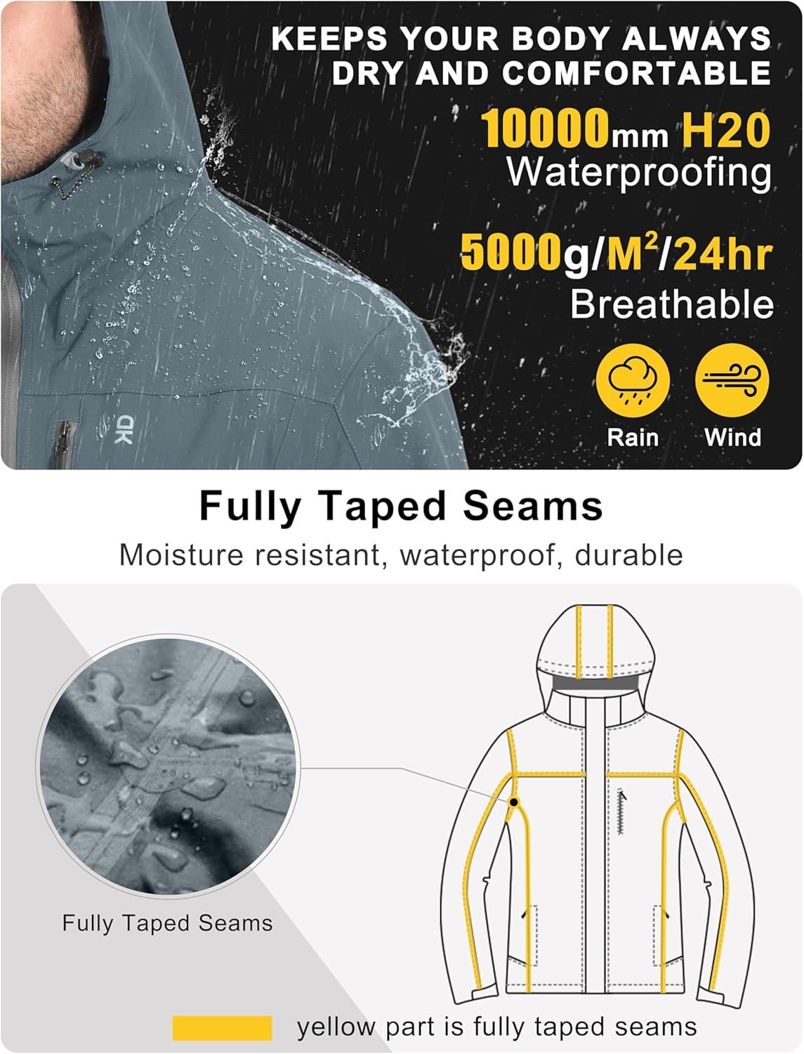 imageLittle Donkey Andy Mens Rain Hiking Jackets Waterproof Windproof Breathable Shell Coats Travel FishingNew Deep Grey