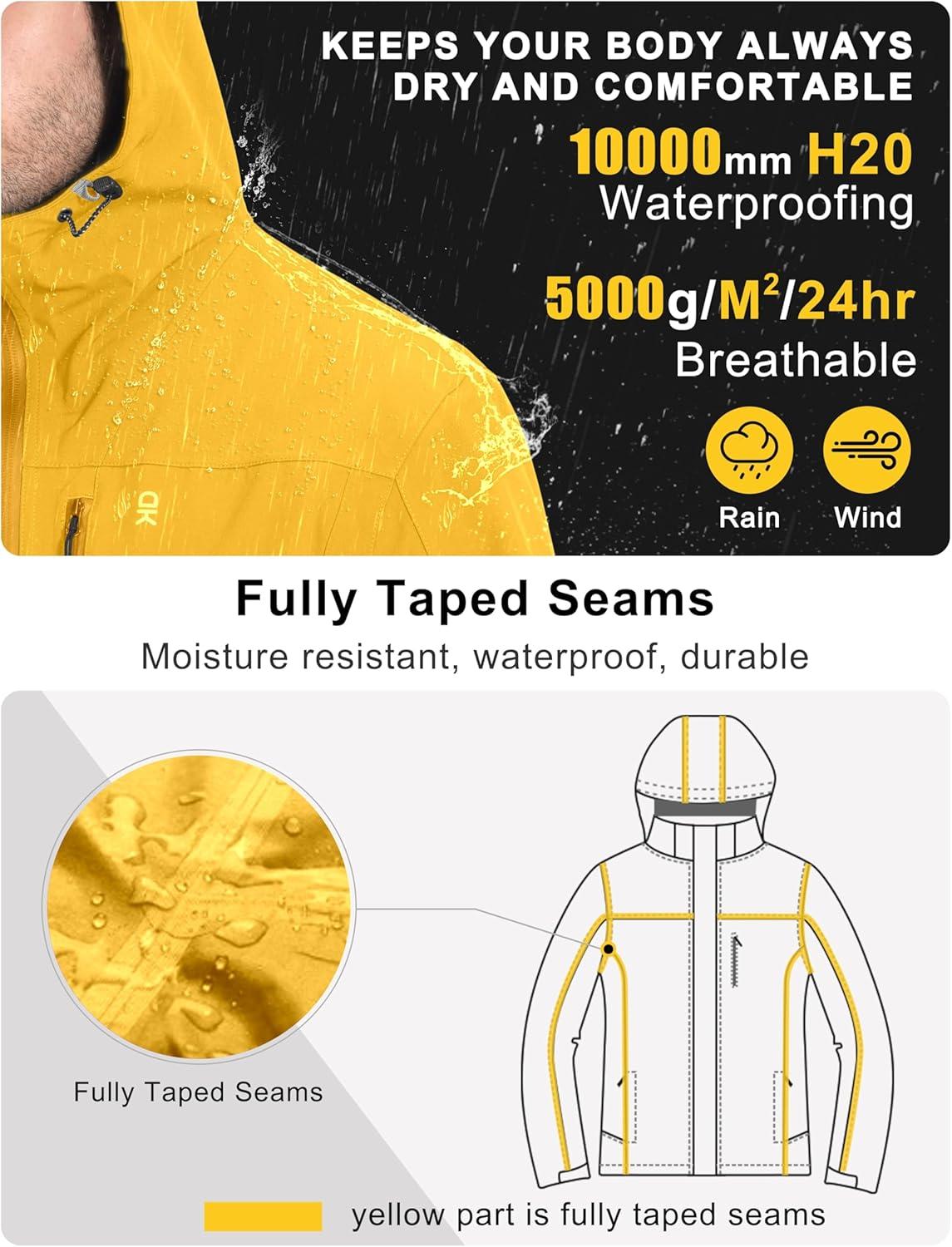 imageLittle Donkey Andy Mens Rain Hiking Jackets Waterproof Windproof Breathable Shell Coats Travel FishingNew Yellow