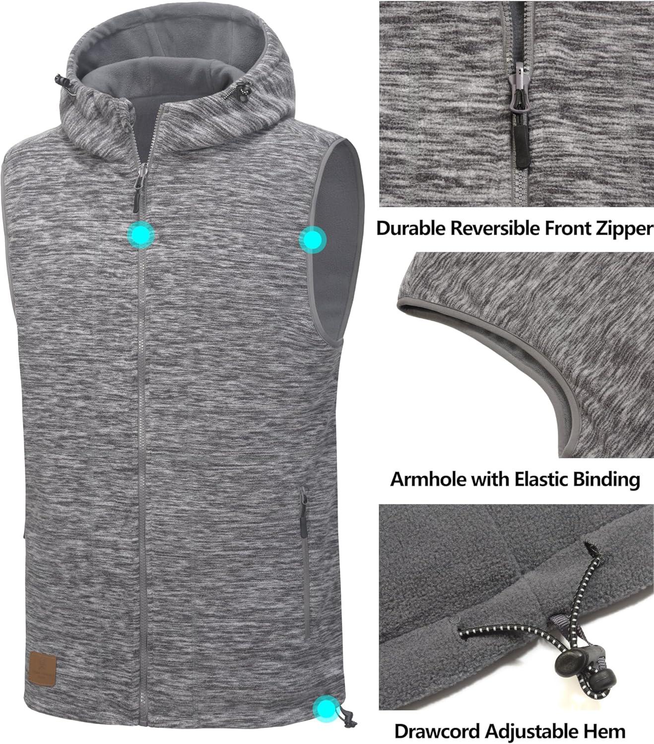 imageLittle Donkey Andy Mens Reversible Fleece Vest Lightweight Warm Sleeveless Jacket with Hood for Hiking Walking TravelGrey Heather