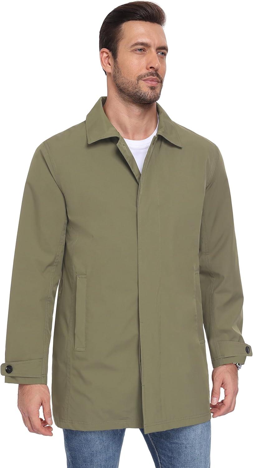 imageLittle Donkey Andy Mens Waterproof MidLength Trench Coat Lightweight Long Rain Coat Single Breasted OvercoatAgray Green