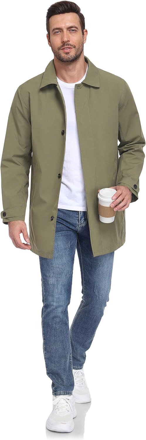 imageLittle Donkey Andy Mens Waterproof MidLength Trench Coat Lightweight Long Rain Coat Single Breasted OvercoatAgray Green