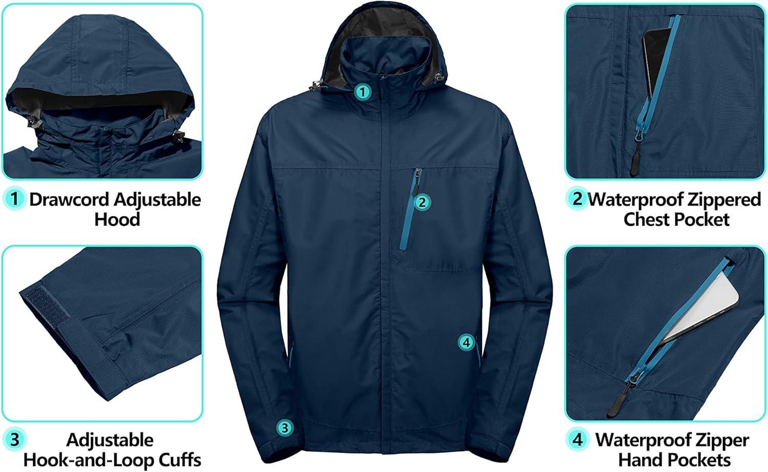 imageLittle Donkey Andy Mens Waterproof Rain Jacket Outdoor Lightweight Hooded Raincoat for Hiking Golf Travel FishingA2navy