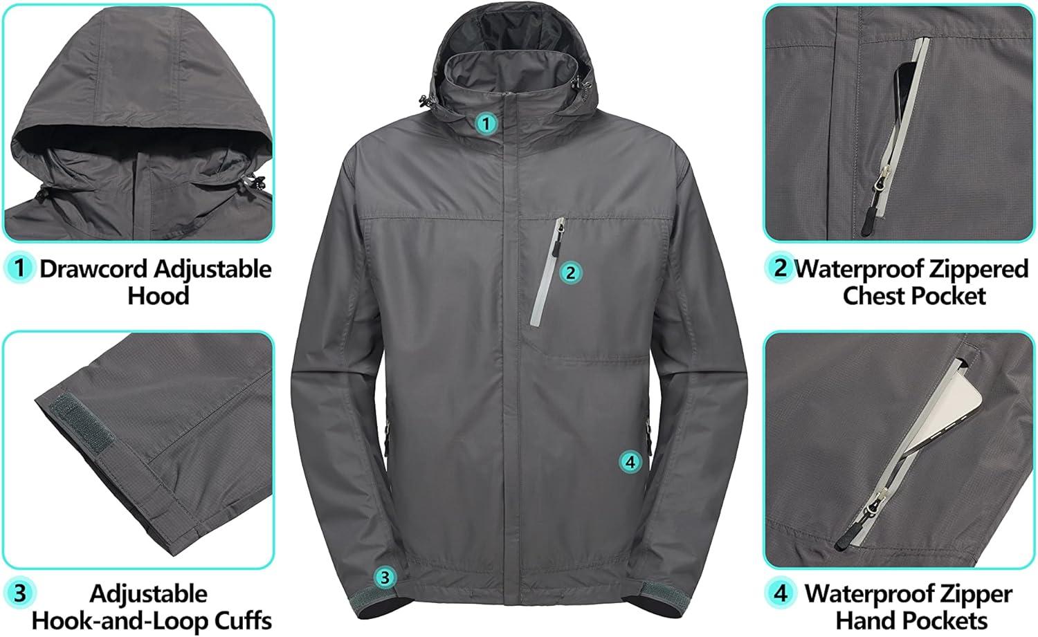 imageLittle Donkey Andy Mens Waterproof Rain Jacket Outdoor Lightweight Hooded Raincoat for Hiking Golf Travel FishingA3grey