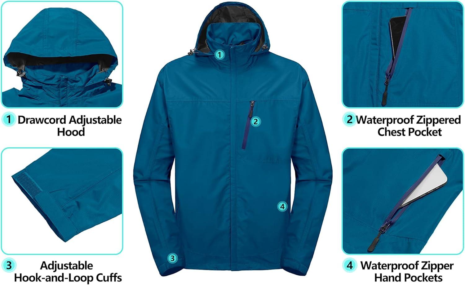 imageLittle Donkey Andy Mens Waterproof Rain Jacket Outdoor Lightweight Hooded Raincoat for Hiking Golf Travel FishingA4blue