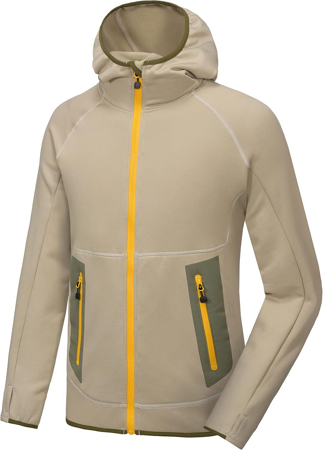 imageLittle Donkey Andy Mens Winter Ultra Stretch Warm Fleece Running Jacket Thumb Holes Hooded Coat HikingLight Khaki