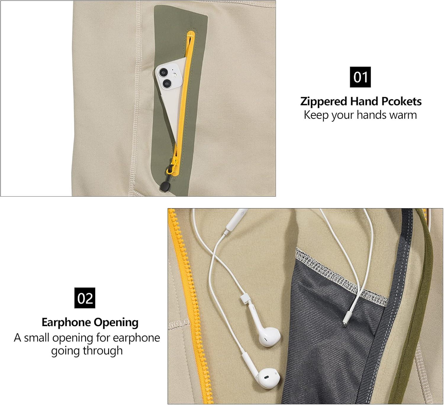 imageLittle Donkey Andy Mens Winter Ultra Stretch Warm Fleece Running Jacket Thumb Holes Hooded Coat HikingLight Khaki