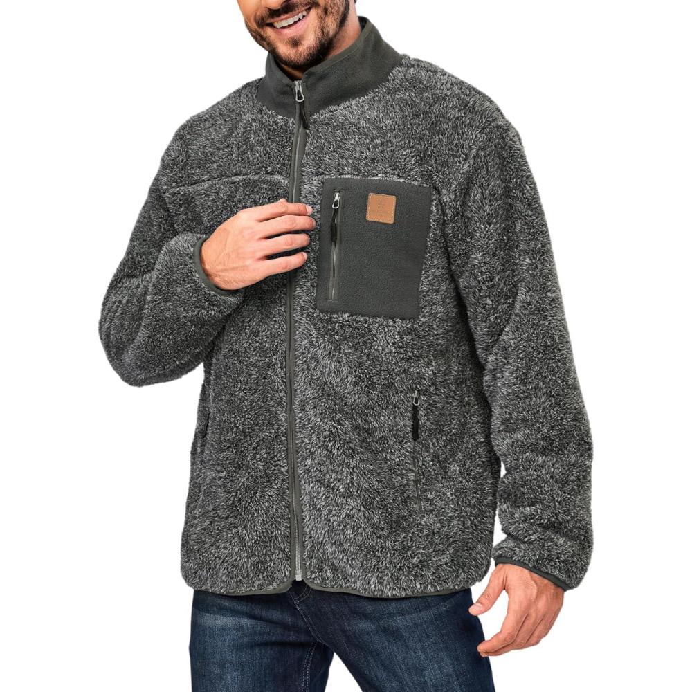 imageLittle Donkey Andy Mens Fuzzy Fleece Jacket Sherpa Jackets Full Zip Up Thermal Coat with 3 Zipper Pockets for Fall WinterHeather Gray