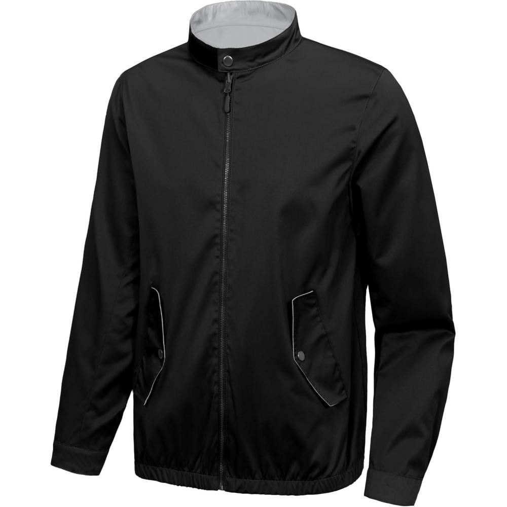 imageLittle Donkey Andy Mens Lightweight Reversible Bomer Jacket Windproof Water Resistant Coat Running GolfA Black B Light Gray