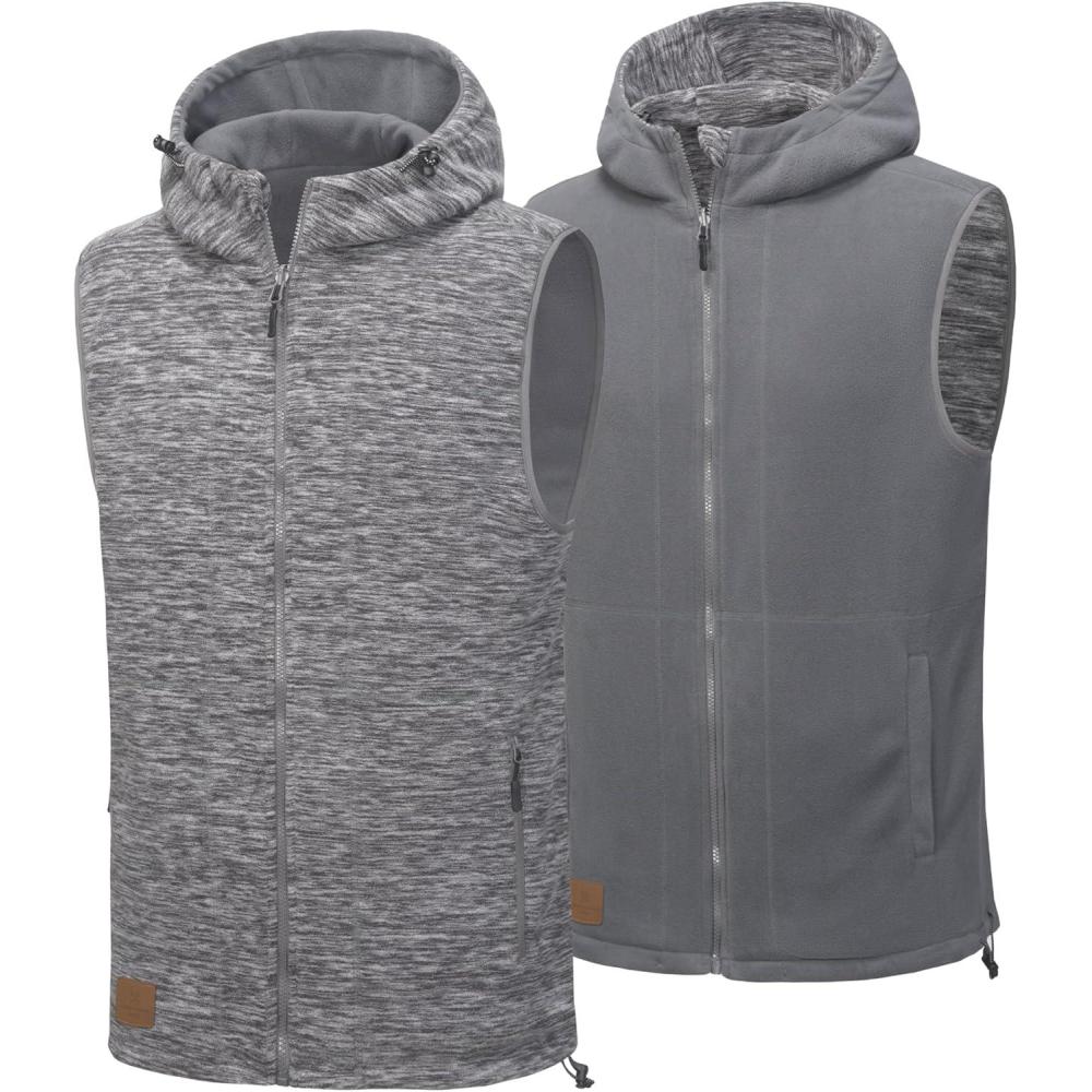 imageLittle Donkey Andy Mens Reversible Fleece Vest Lightweight Warm Sleeveless Jacket with Hood for Hiking Walking TravelGrey Heather