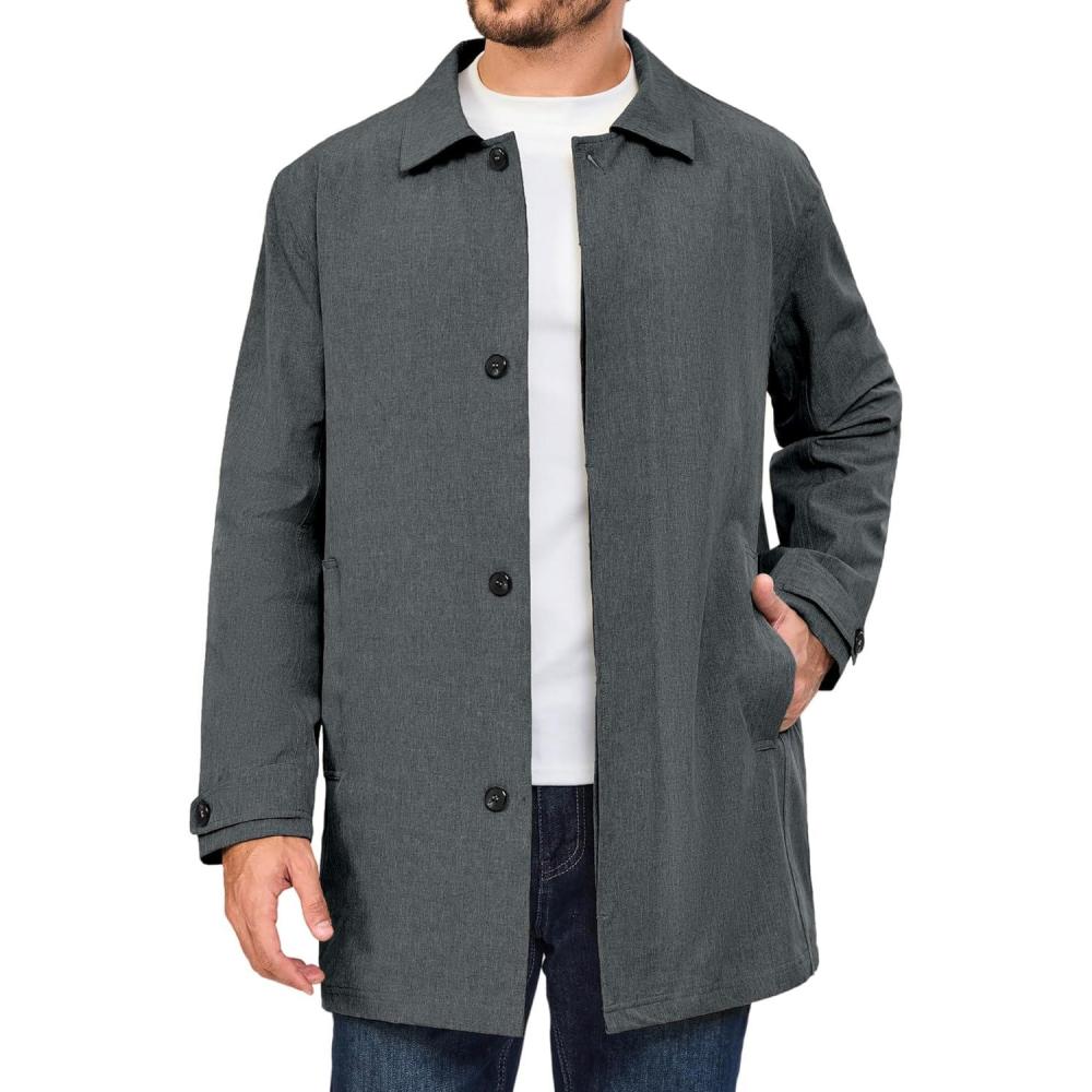 imageLittle Donkey Andy Mens Waterproof MidLength Trench Coat Lightweight Long Rain Coat Single Breasted OvercoatCharcoal Heather