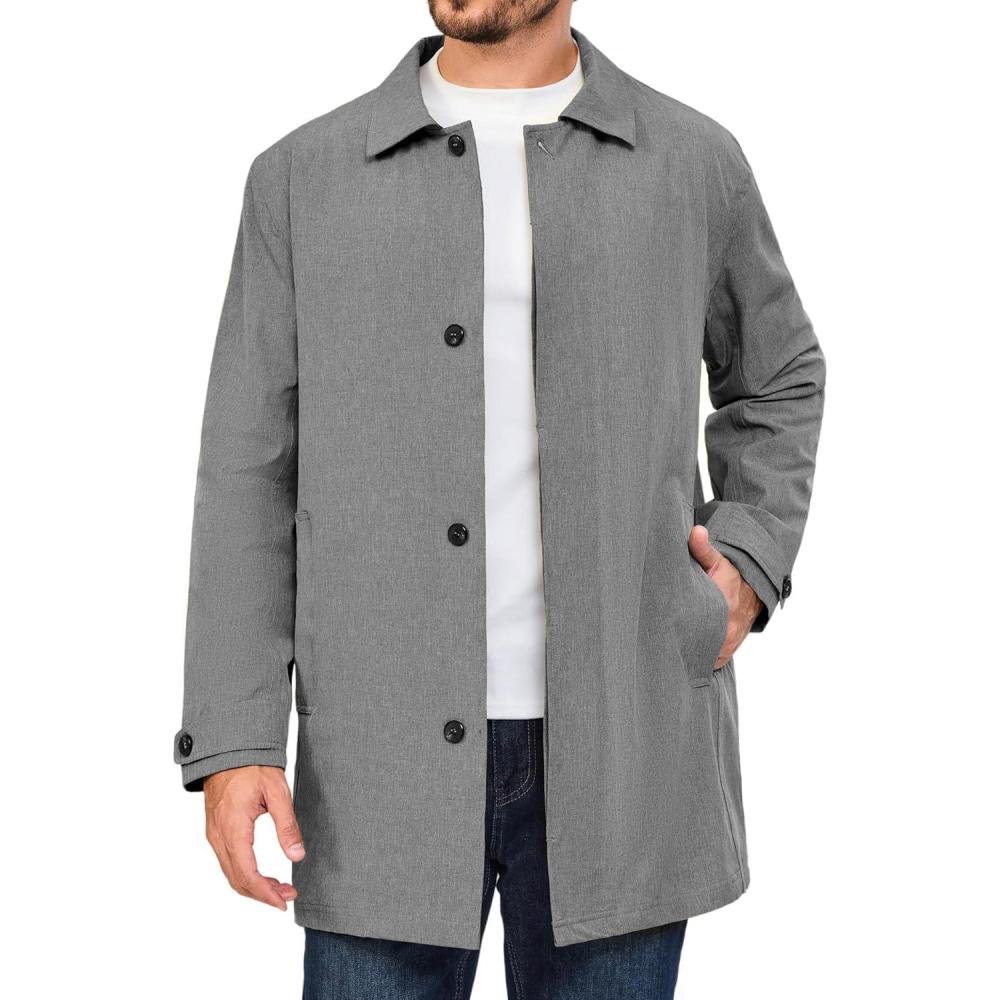 imageLittle Donkey Andy Mens Waterproof MidLength Trench Coat Lightweight Long Rain Coat Single Breasted OvercoatGray Heather