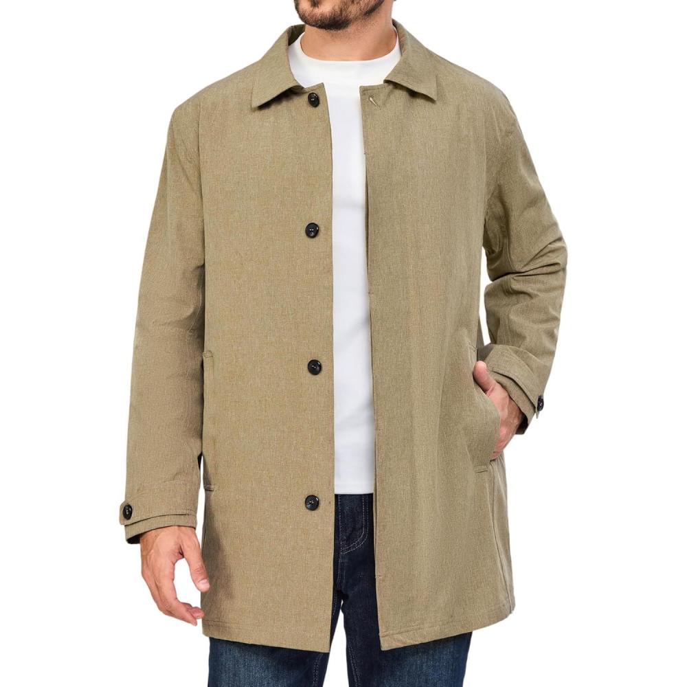 imageLittle Donkey Andy Mens Waterproof MidLength Trench Coat Lightweight Long Rain Coat Single Breasted OvercoatKhaki Heather
