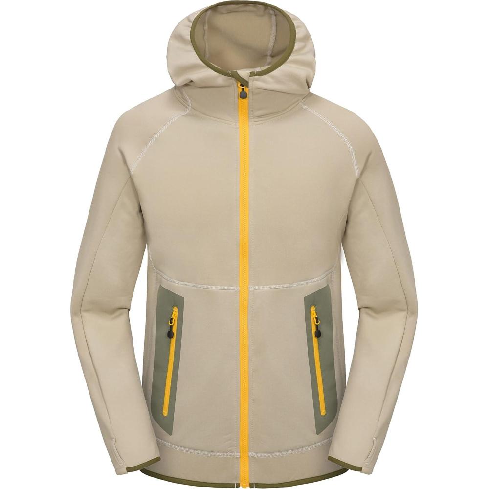 imageLittle Donkey Andy Mens Winter Ultra Stretch Warm Fleece Running Jacket Thumb Holes Hooded Coat HikingLight Khaki