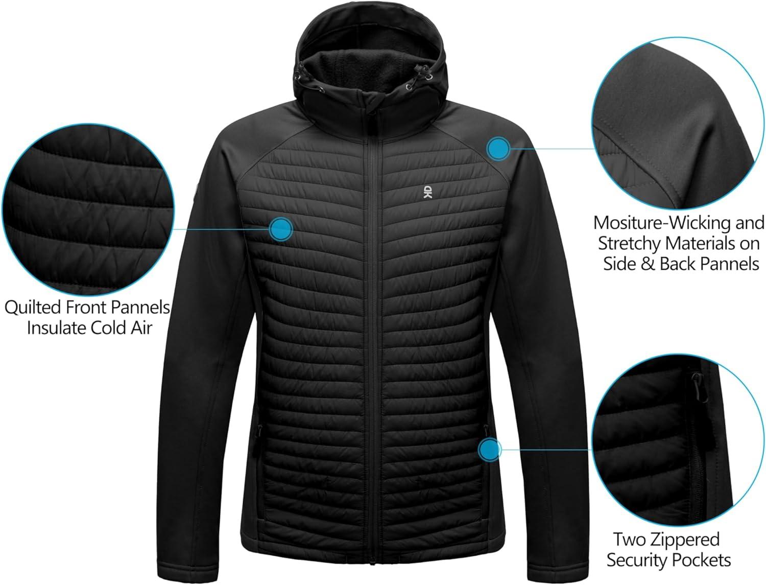 imageLittle Donkey Andy Mens Insulated Hiking Jacket Hooded Thermal Running Hybrid JacketHoodedblack
