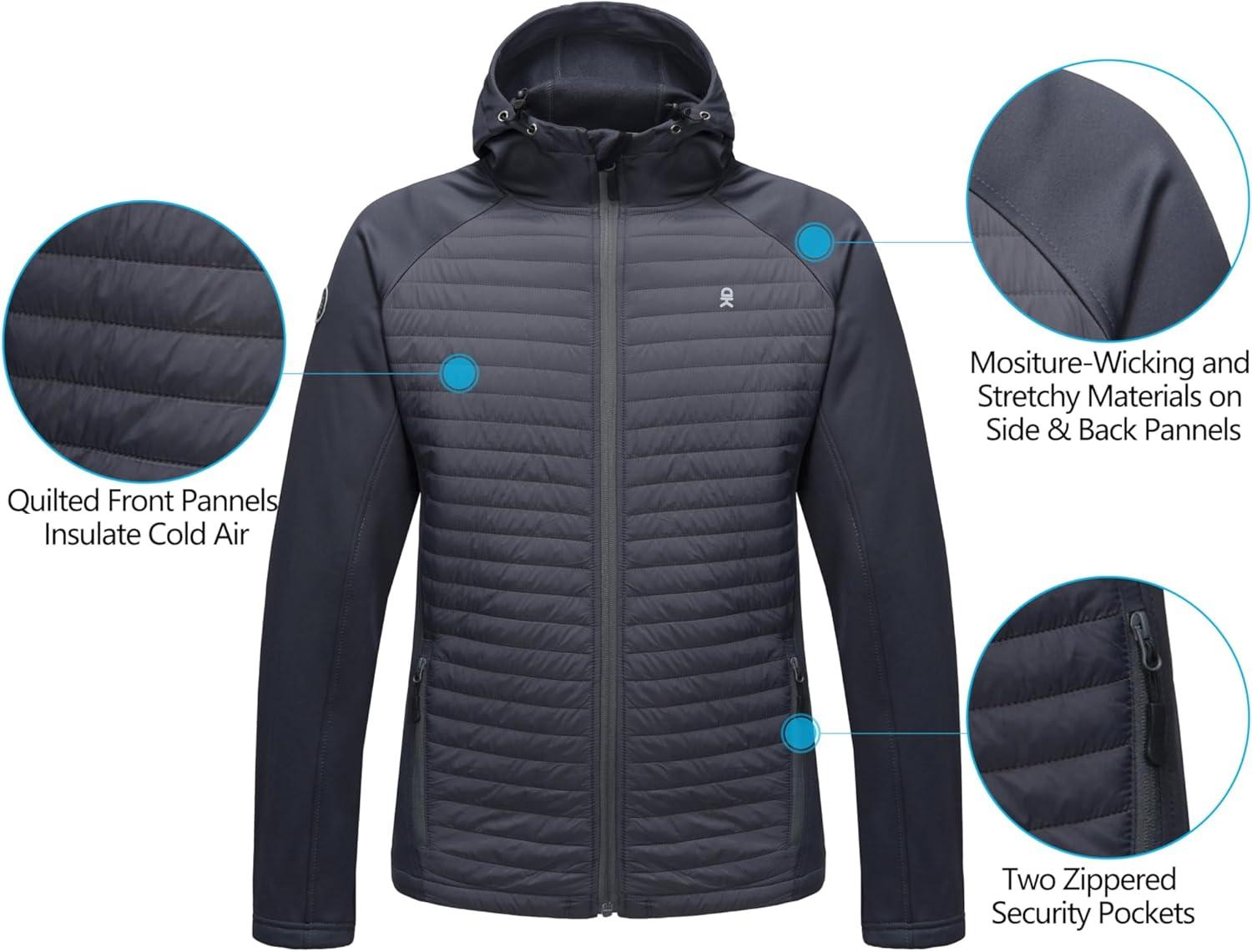 imageLittle Donkey Andy Mens Insulated Hiking Jacket Hooded Thermal Running Hybrid JacketHoodedgray