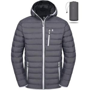 Little Donkey Andy Men’s Packable Lightweight Puffer Jacket Hooded Windproof Winter Coat with Recycled Insulation Grey M