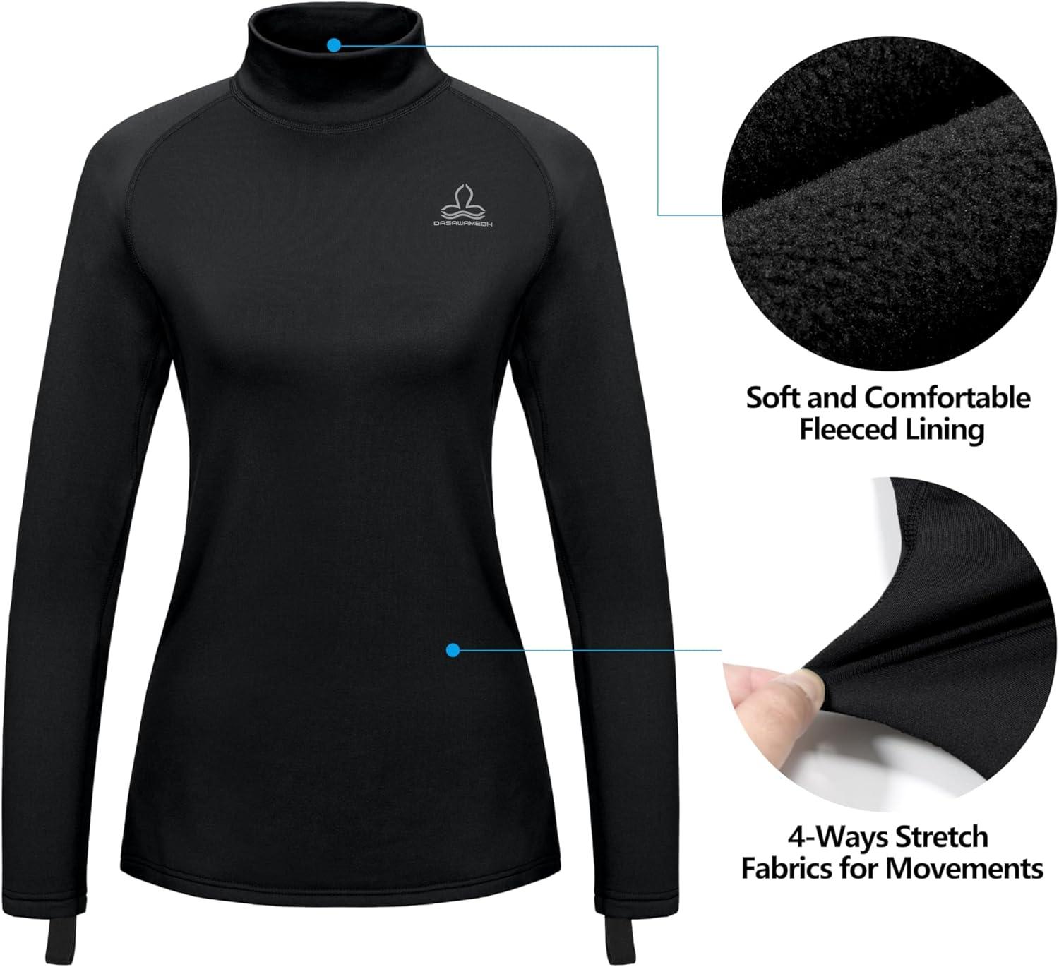 imageDasawamedh Womens Fleece Thermal Underwear Set Lightweight Warm Base Layers Long Johns for Hiking Skiing DivingA Black