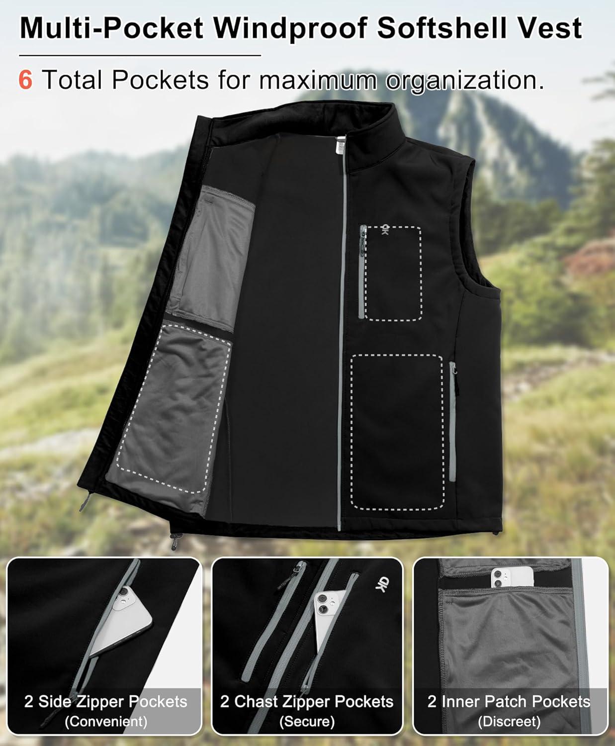 imageLittle Donkey Andy Mens Lightweight Fleece Softshell Vest Windproof Sleeveless Jacket Outerwear with Zipper PocketsBlack