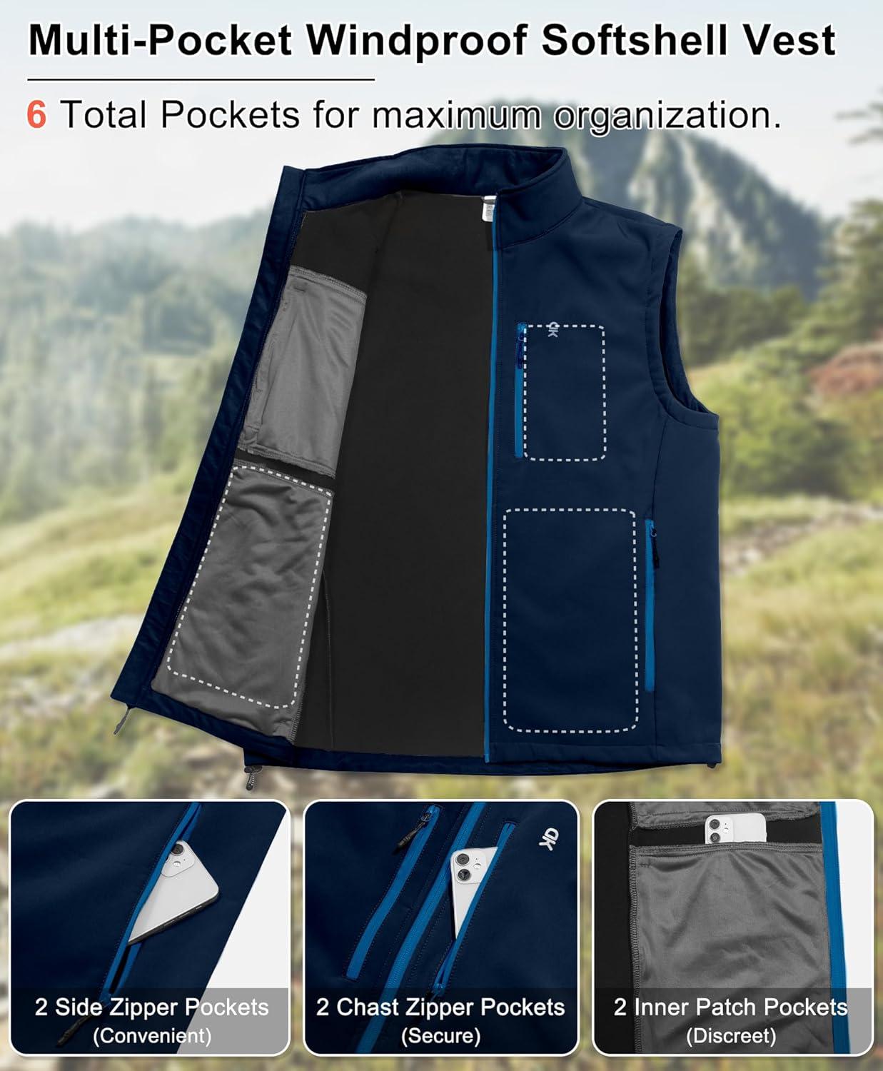 imageLittle Donkey Andy Mens Lightweight Fleece Softshell Vest Windproof Sleeveless Jacket Outerwear with Zipper PocketsBlue