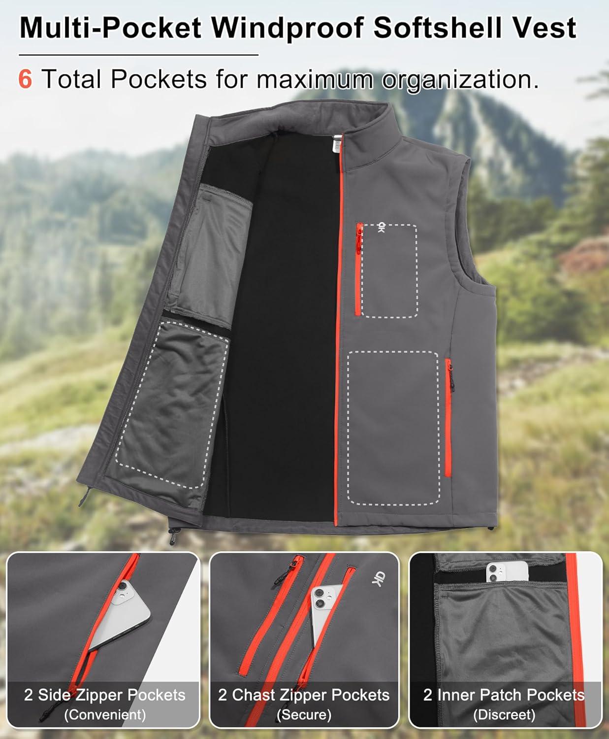 imageLittle Donkey Andy Mens Lightweight Fleece Softshell Vest Windproof Sleeveless Jacket Outerwear with Zipper PocketsGrey