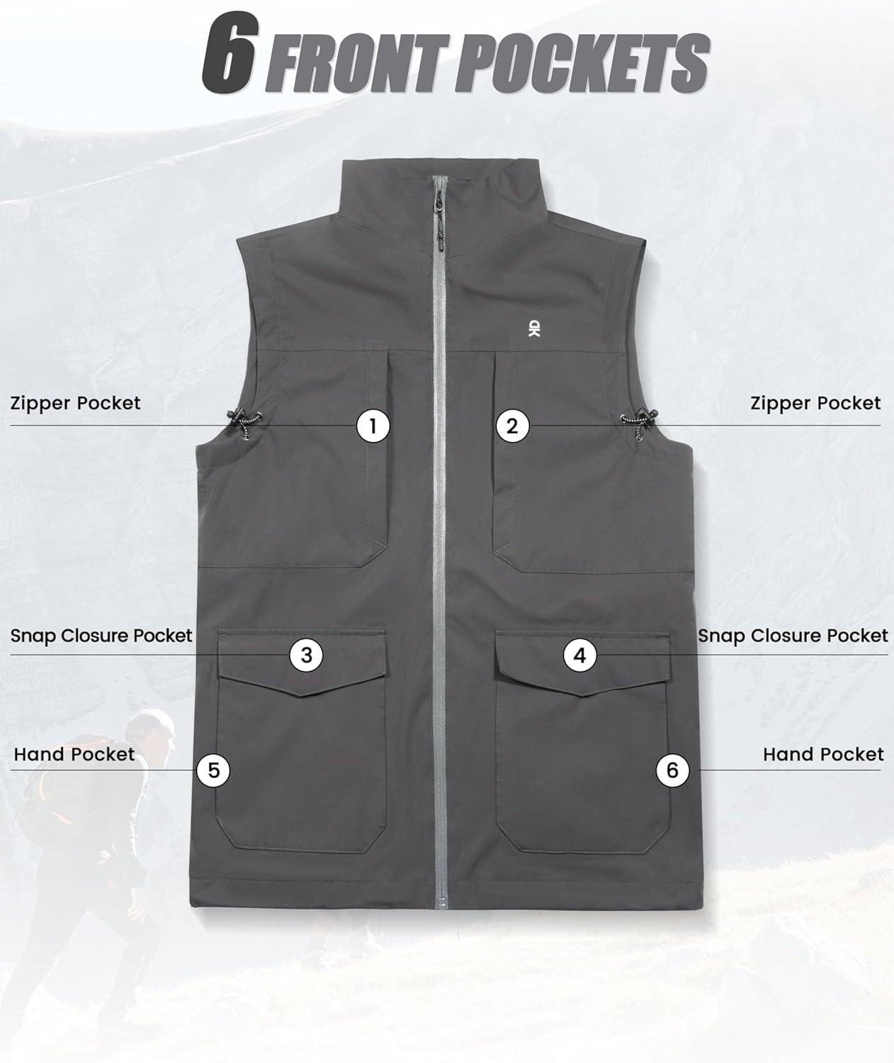imageLittle Donkey Andy Mens Lightweight Quick Dry Vest Windproof Sleeveless Jacket with 11 Pockets for Travel Fishing HikingDark Grey