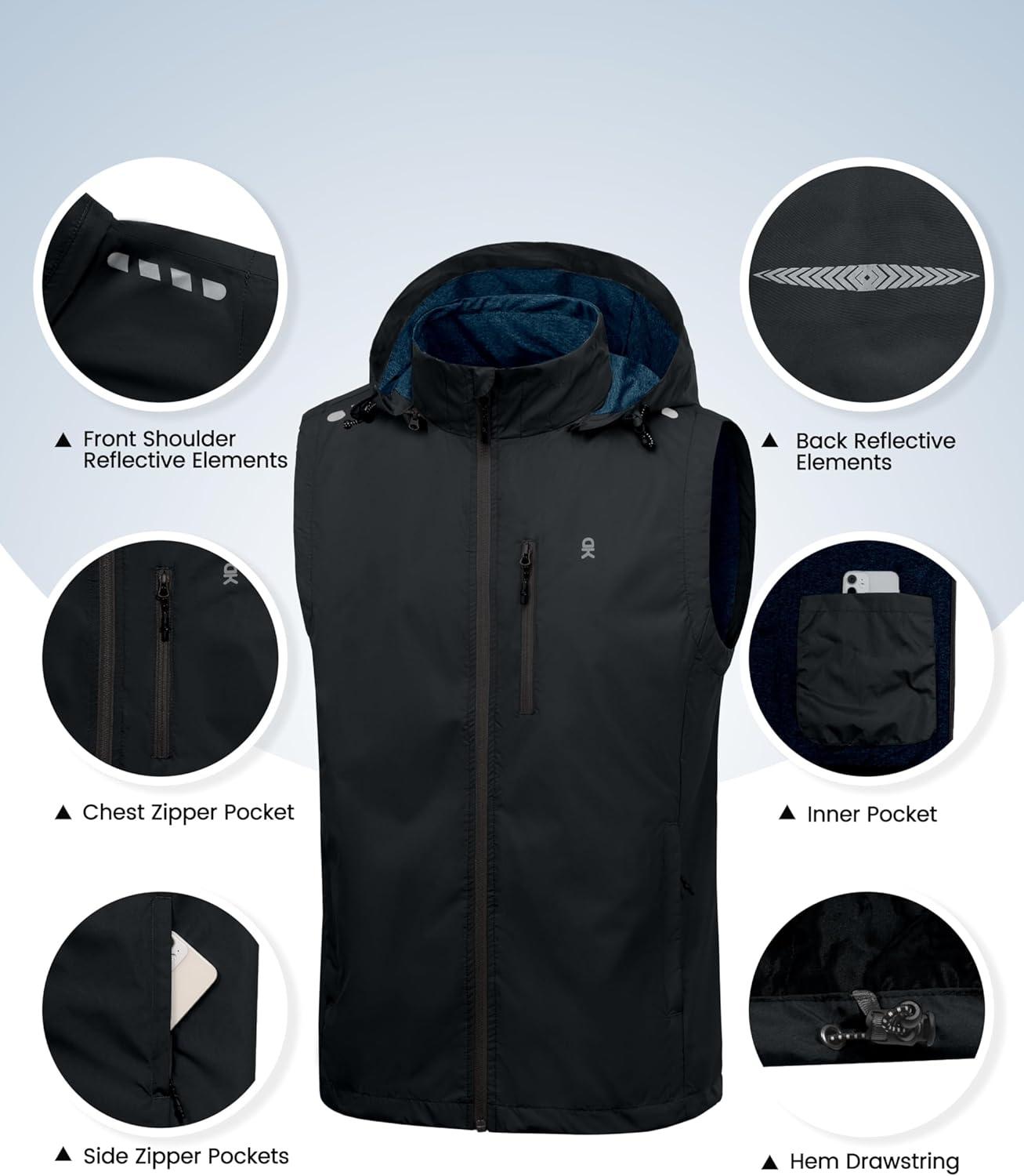 imageLittle Donkey Andy Mens Lightweight Softshell Vest Detachable Hood Windproof Golf Sleeveless Jacket for Hiking RunningBlack
