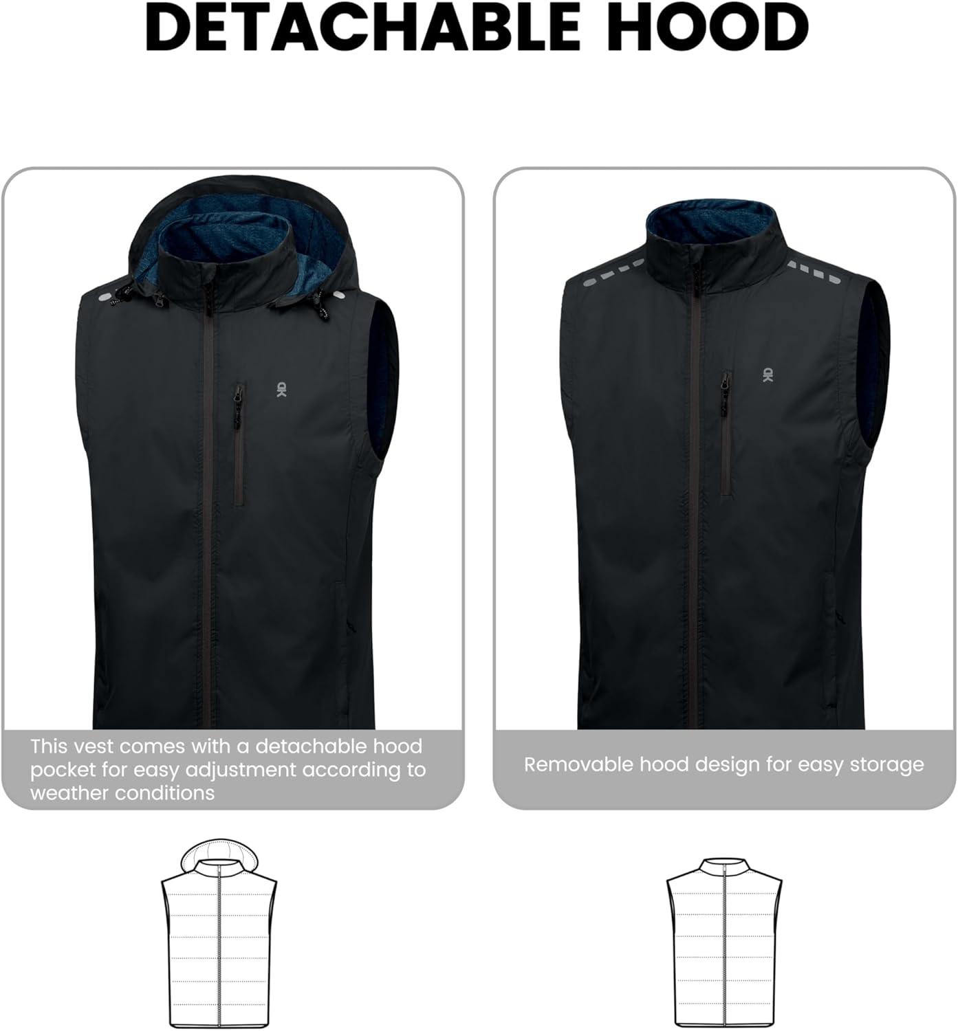 imageLittle Donkey Andy Mens Lightweight Softshell Vest Detachable Hood Windproof Golf Sleeveless Jacket for Hiking RunningBlack