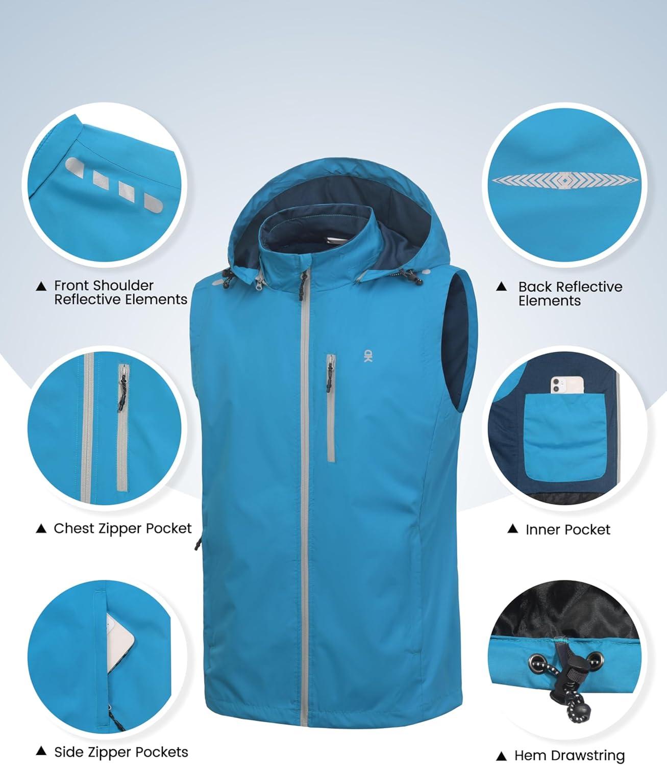 imageLittle Donkey Andy Mens Lightweight Softshell Vest Detachable Hood Windproof Golf Sleeveless Jacket for Hiking RunningBlue