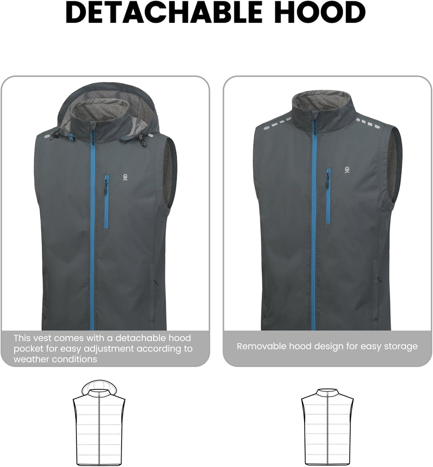 imageLittle Donkey Andy Mens Lightweight Softshell Vest Detachable Hood Windproof Golf Sleeveless Jacket for Hiking RunningGrey