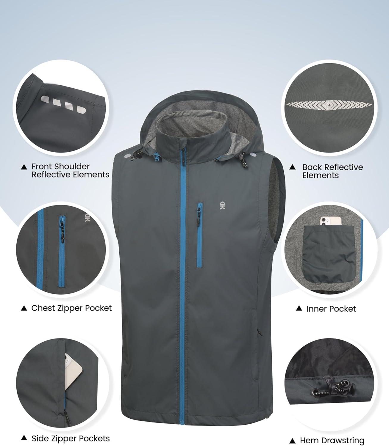 imageLittle Donkey Andy Mens Lightweight Softshell Vest Detachable Hood Windproof Golf Sleeveless Jacket for Hiking RunningGrey