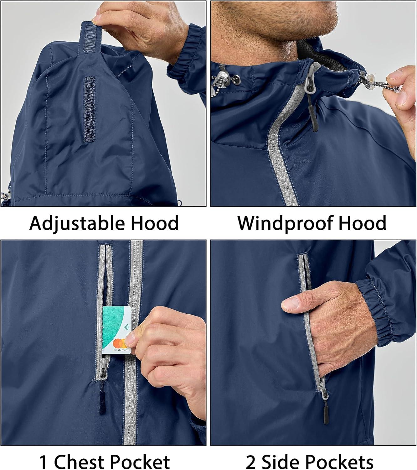 imageLittle Donkey Andy Mens Lightweight Windbreaker Jacket Breathable Windproof Hooded Wind Coat Hiking Running Golf TravelDark Blue