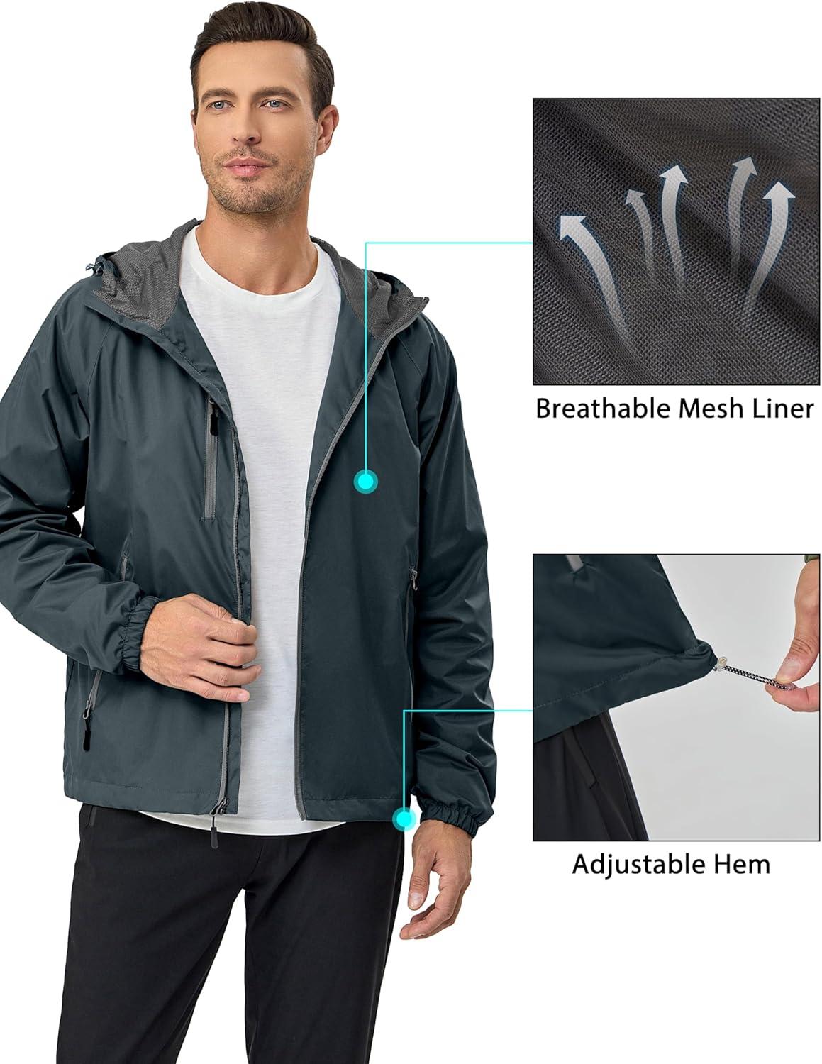 imageLittle Donkey Andy Mens Lightweight Windbreaker Jacket Breathable Windproof Hooded Wind Coat Hiking Running Golf TravelGrey
