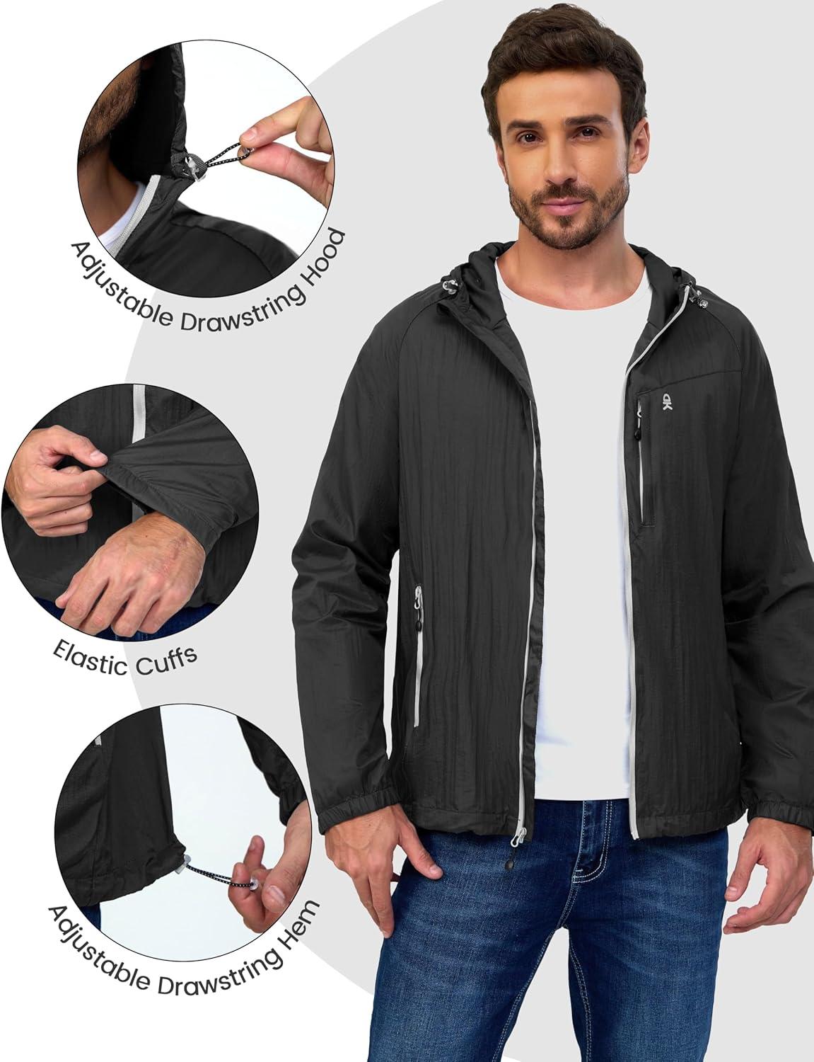 imageLittle Donkey Andy Mens Packable Lightweight Hooded Jacket Windproof Breathable Windbreaker Jacket for Hiking RunningBlack