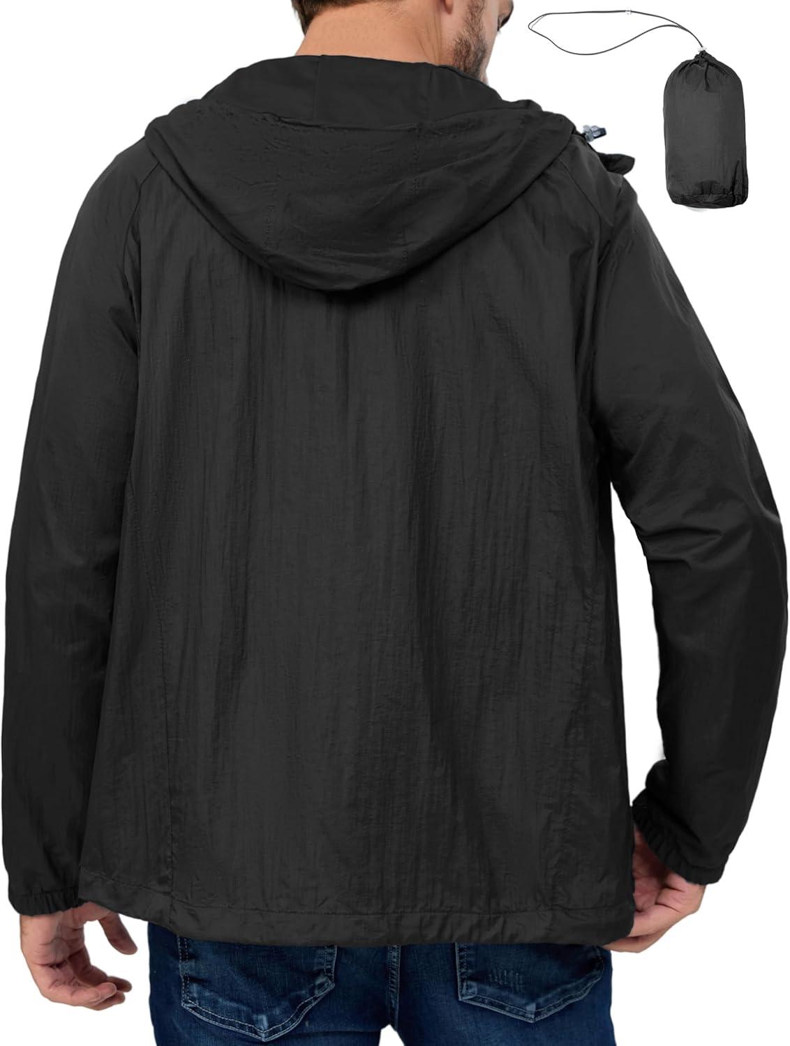 imageLittle Donkey Andy Mens Packable Lightweight Hooded Jacket Windproof Breathable Windbreaker Jacket for Hiking RunningBlack