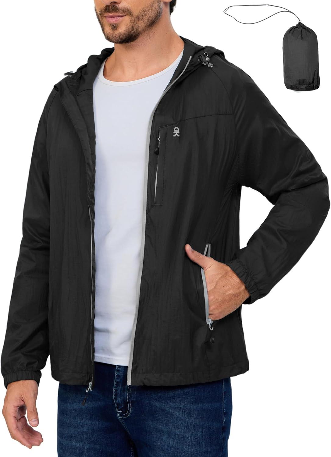 imageLittle Donkey Andy Mens Packable Lightweight Hooded Jacket Windproof Breathable Windbreaker Jacket for Hiking RunningBlack