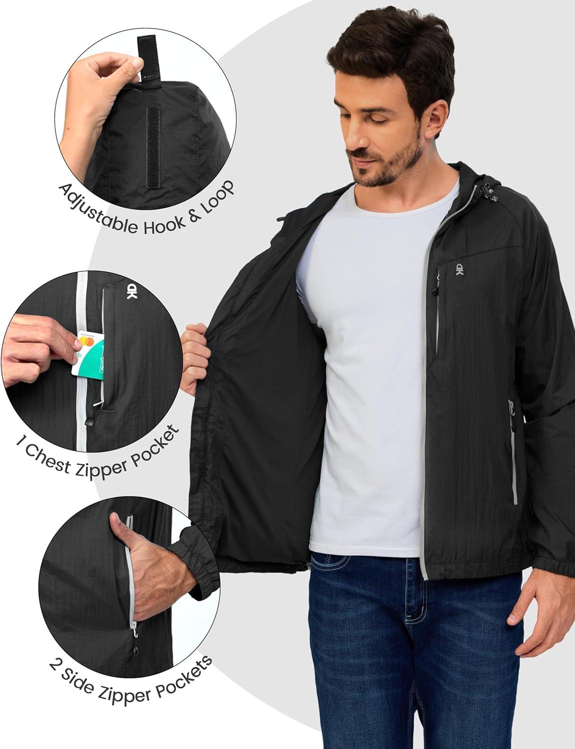 imageLittle Donkey Andy Mens Packable Lightweight Hooded Jacket Windproof Breathable Windbreaker Jacket for Hiking RunningBlack