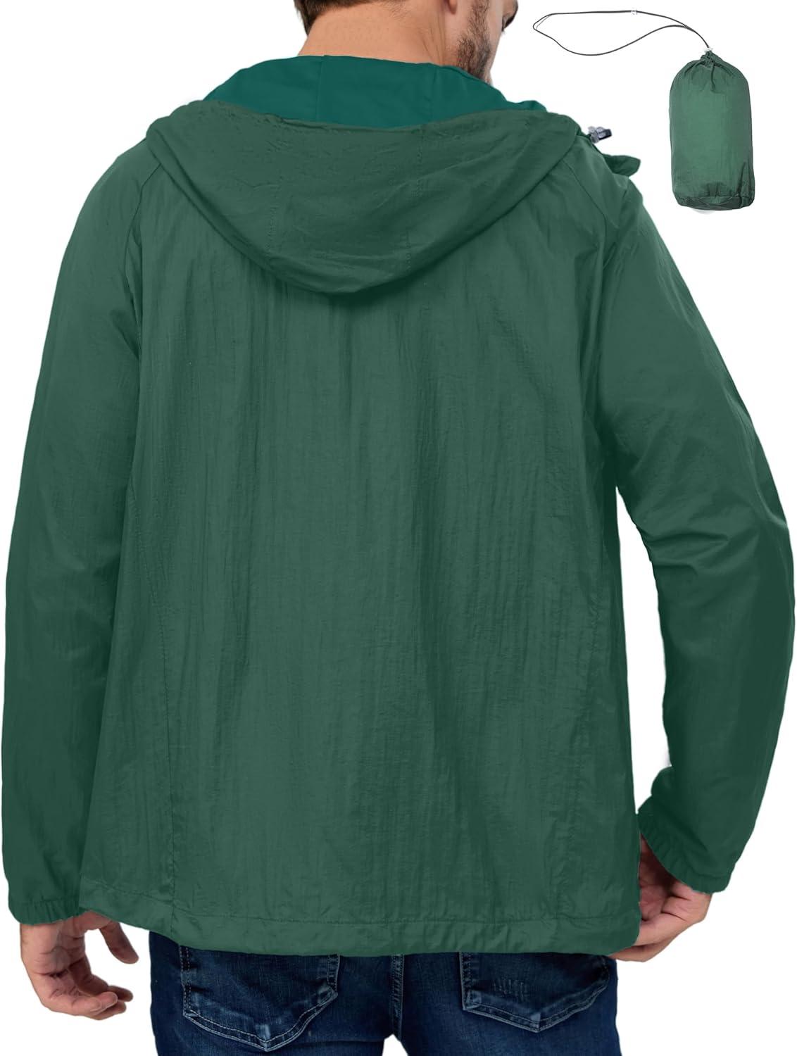 imageLittle Donkey Andy Mens Packable Lightweight Hooded Jacket Windproof Breathable Windbreaker Jacket for Hiking RunningGreen
