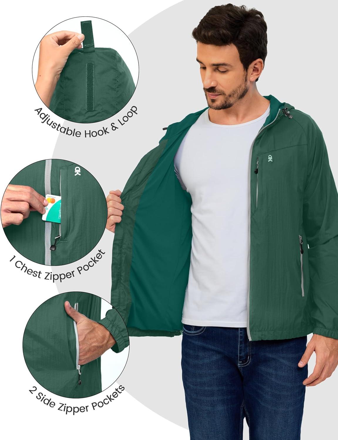 imageLittle Donkey Andy Mens Packable Lightweight Hooded Jacket Windproof Breathable Windbreaker Jacket for Hiking RunningGreen