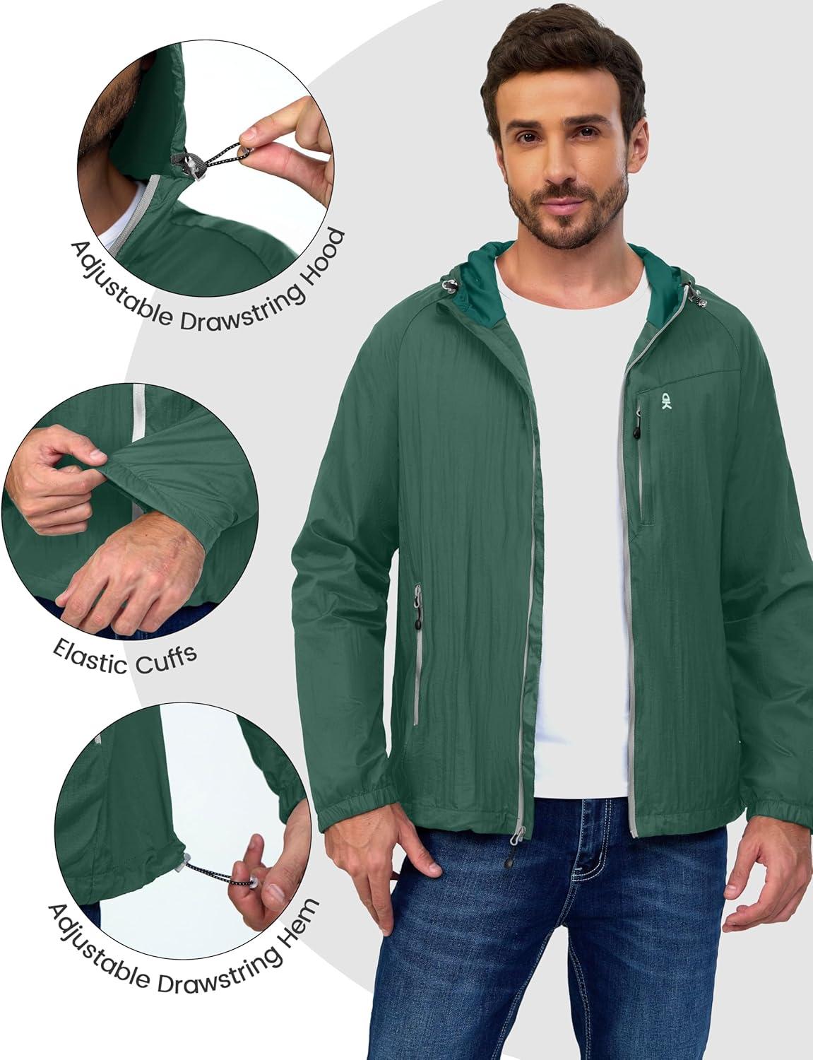 imageLittle Donkey Andy Mens Packable Lightweight Hooded Jacket Windproof Breathable Windbreaker Jacket for Hiking RunningGreen