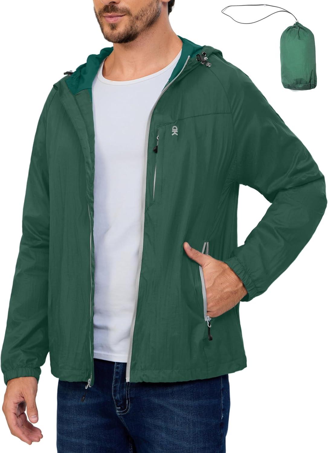 imageLittle Donkey Andy Mens Packable Lightweight Hooded Jacket Windproof Breathable Windbreaker Jacket for Hiking RunningGreen