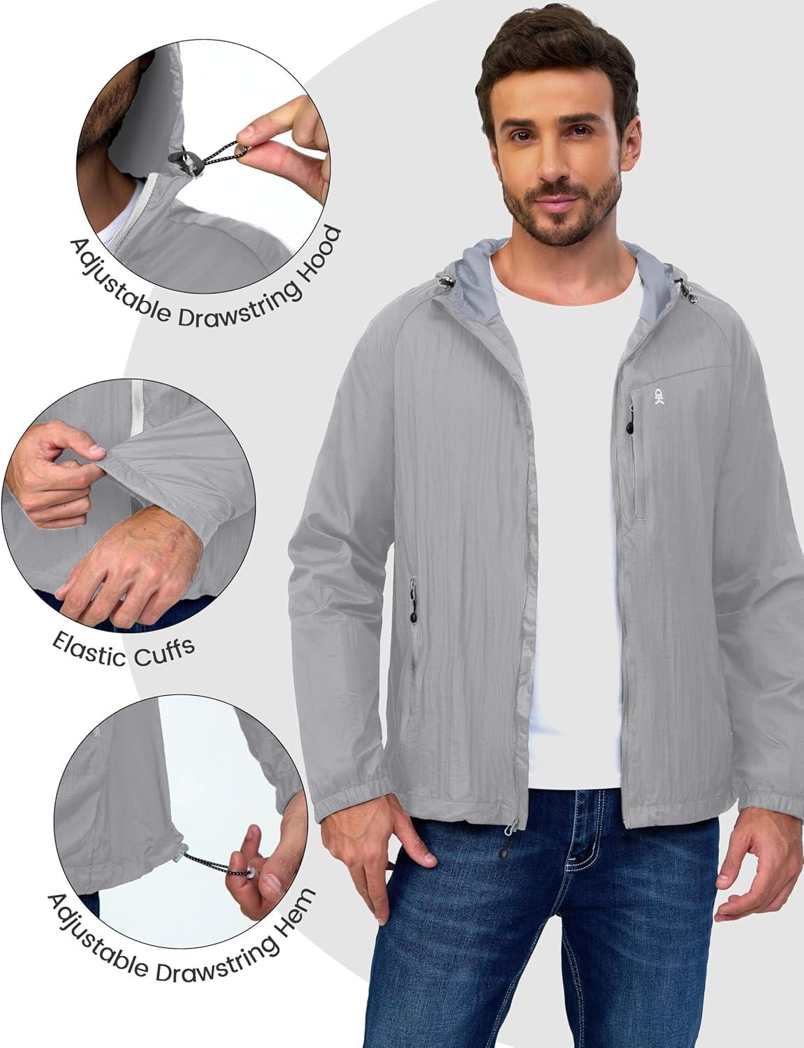 imageLittle Donkey Andy Mens Packable Lightweight Hooded Jacket Windproof Breathable Windbreaker Jacket for Hiking RunningLight Gray