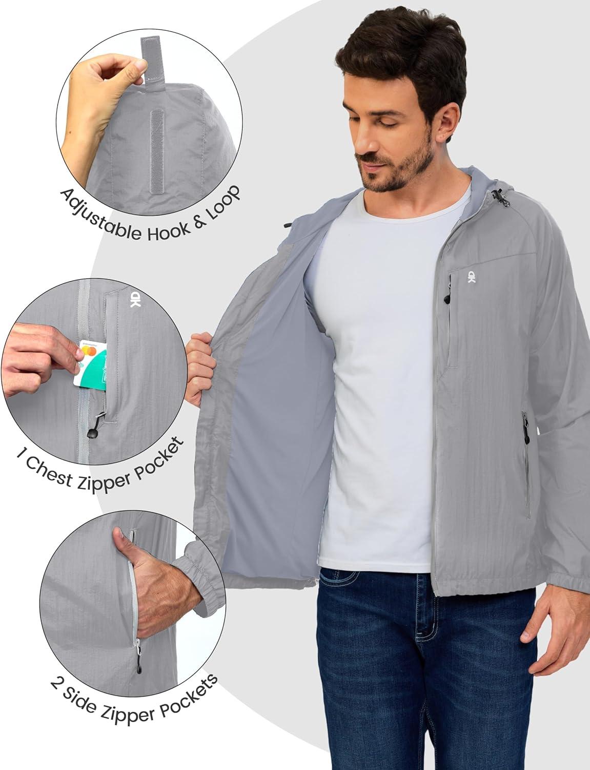 imageLittle Donkey Andy Mens Packable Lightweight Hooded Jacket Windproof Breathable Windbreaker Jacket for Hiking RunningLight Gray