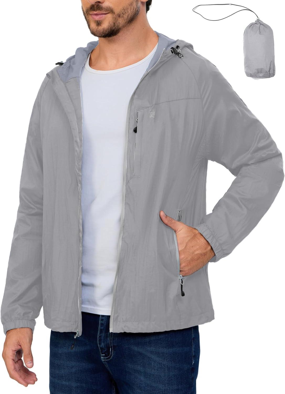 imageLittle Donkey Andy Mens Packable Lightweight Hooded Jacket Windproof Breathable Windbreaker Jacket for Hiking RunningLight Gray