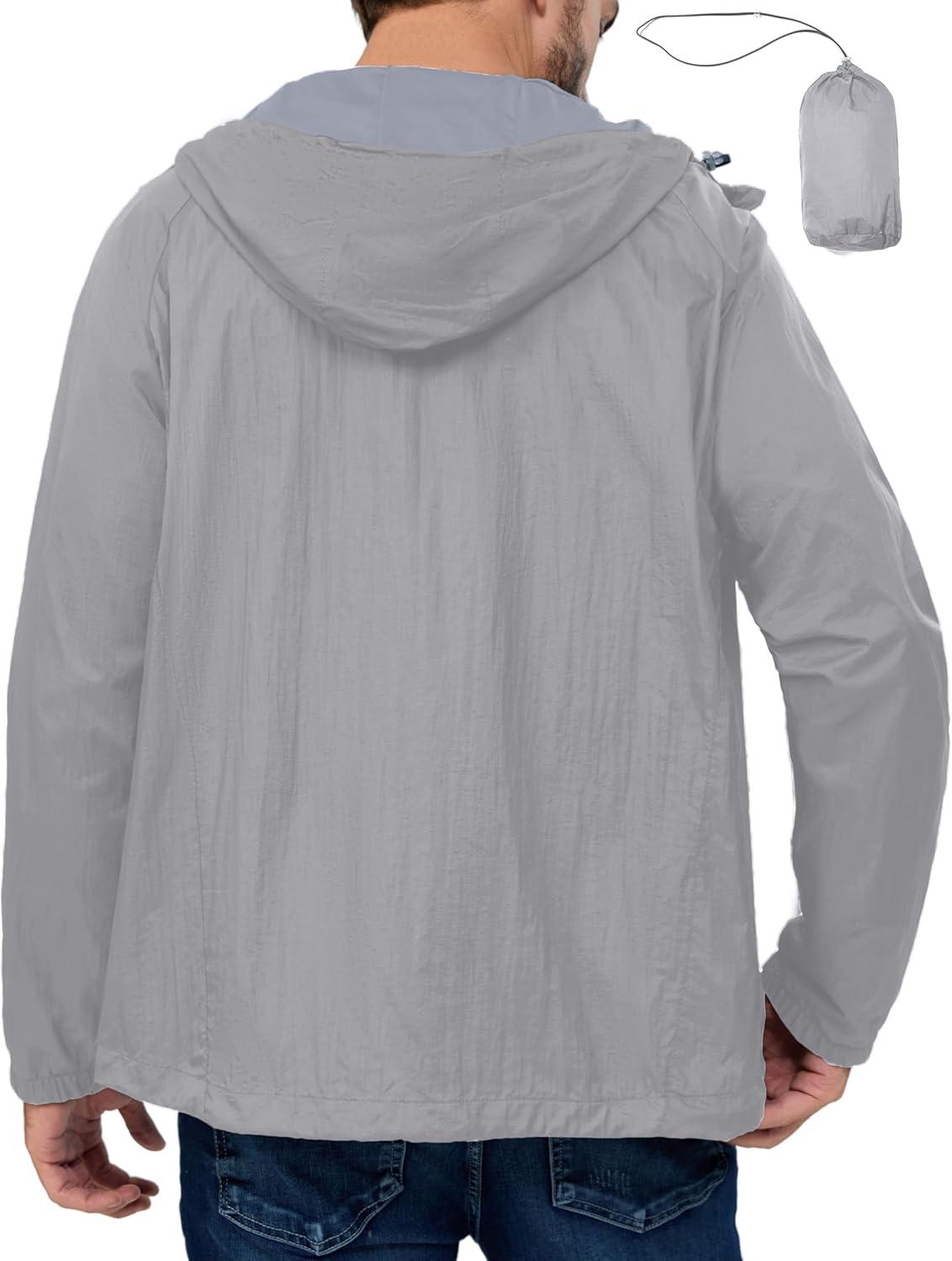 imageLittle Donkey Andy Mens Packable Lightweight Hooded Jacket Windproof Breathable Windbreaker Jacket for Hiking RunningLight Gray
