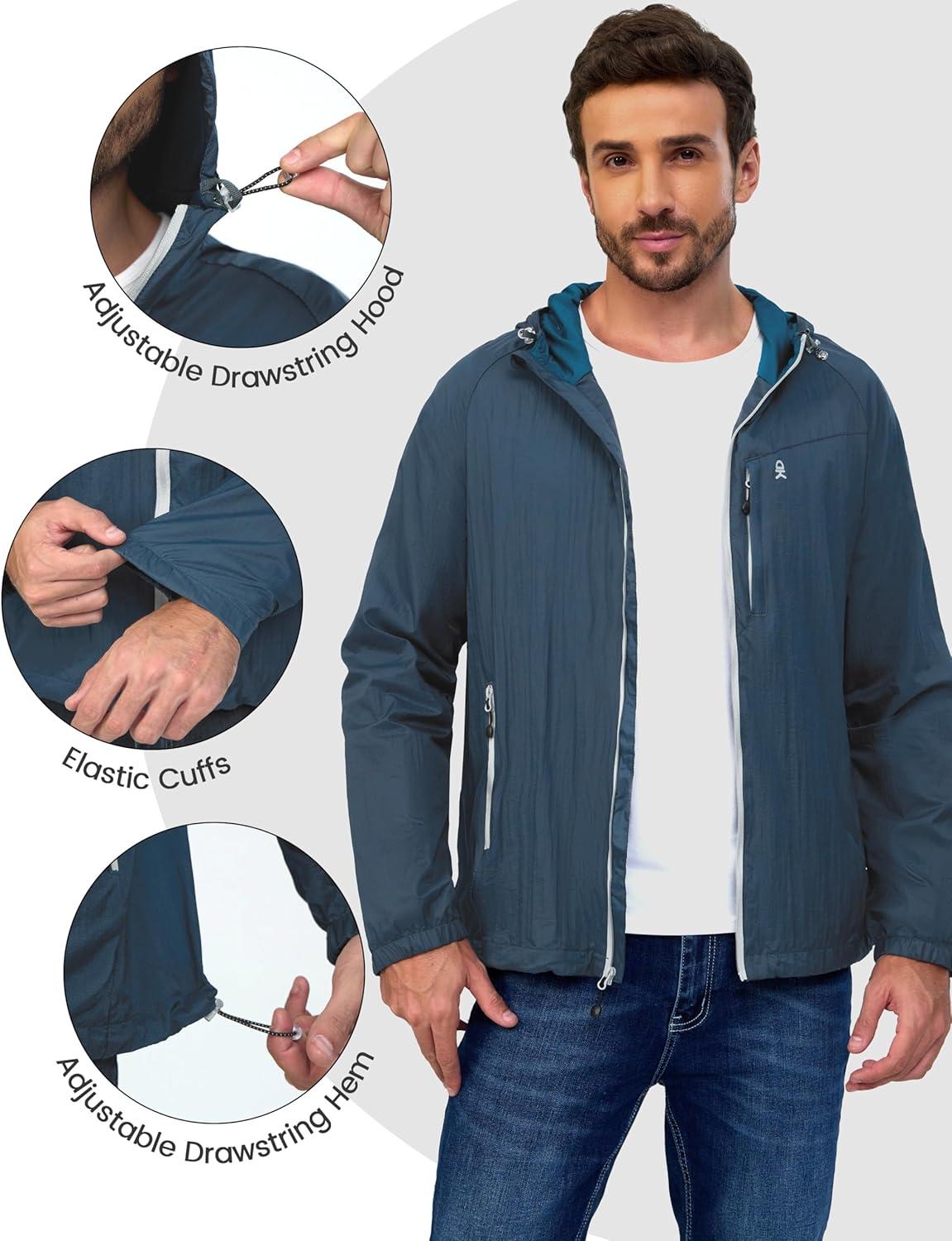 imageLittle Donkey Andy Mens Packable Lightweight Hooded Jacket Windproof Breathable Windbreaker Jacket for Hiking RunningNavy Blue